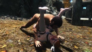 Sexy Skyrim-Dovakhin comforts poor Narfi .