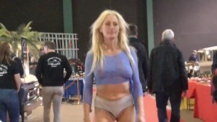 180331 Gitte Lamper @ Walk in transparent blue top over Cameltoe hotpants