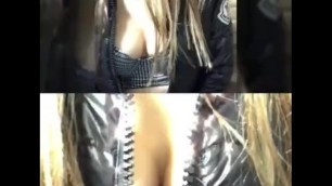 Showing off boobs in shiny Moncler