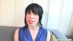 Amateur tgirl spreads ass on casting couch