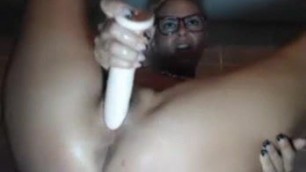 Blonde in glasses dildo fucks her pussy till she squirts